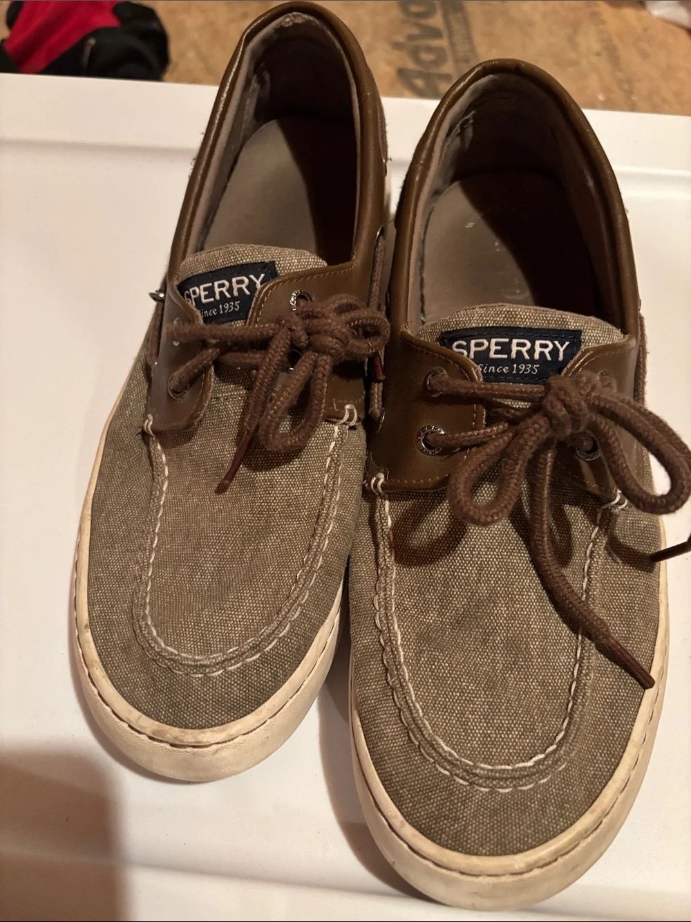 Sperry Olive Canvas and Brown Leather Boat Shoes